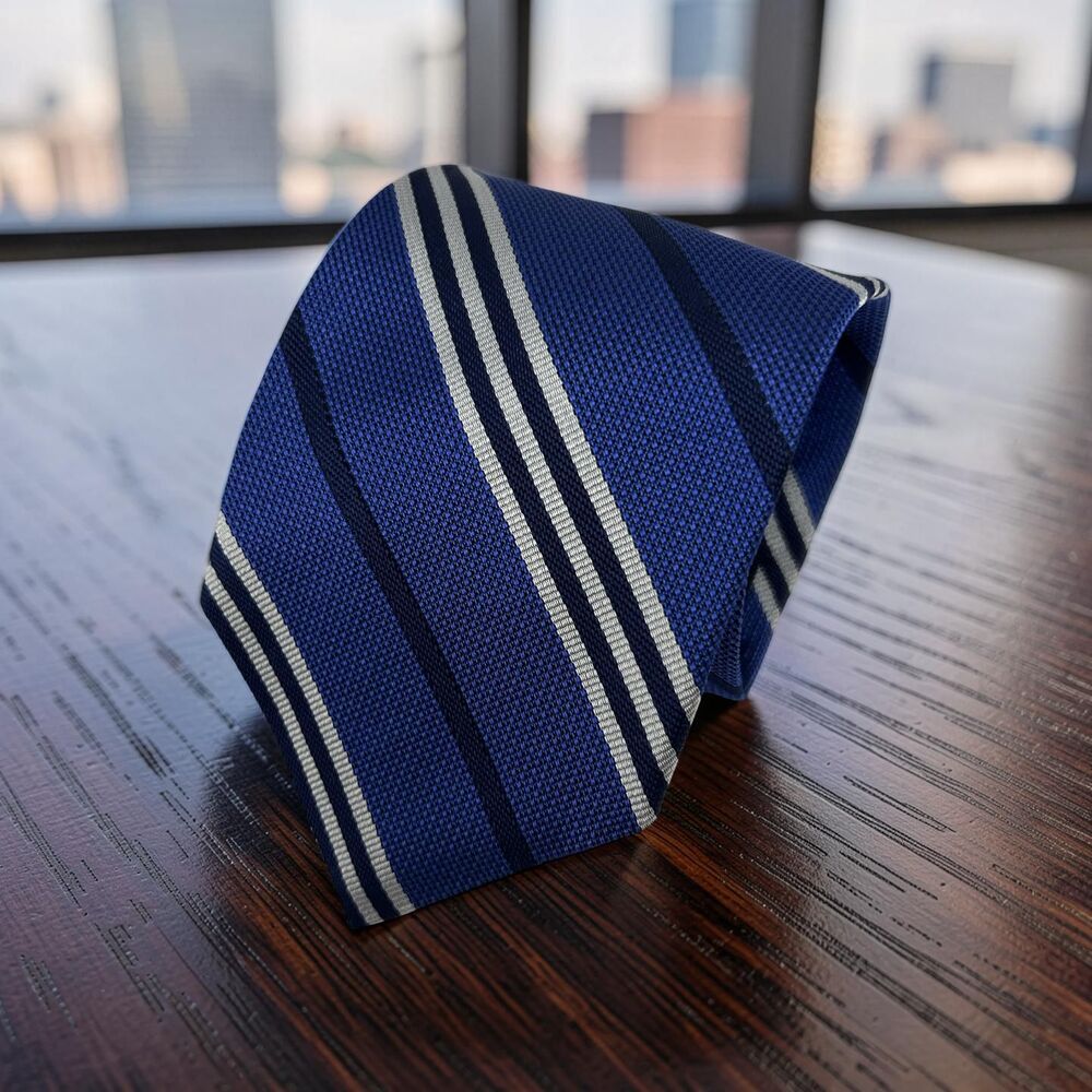 Brooks Brothers Men’s 100% Silk Tie Blue Navy Silver Stripe Made in NY 58.5 x 3.